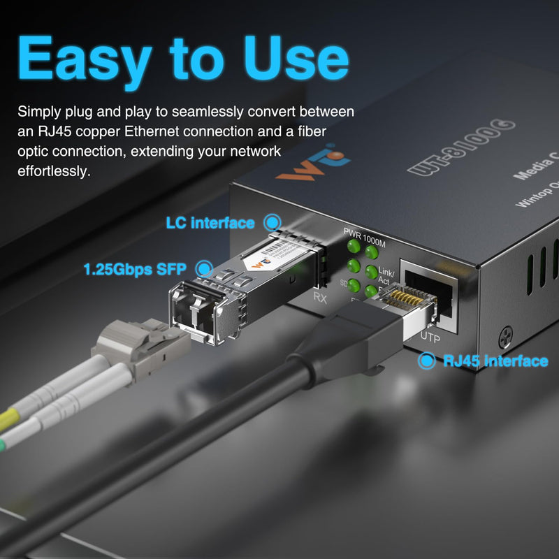 2 Pack Fiber Ethernet Media Converter, WTSFOPTC Fiber Optic Transceiver with 2 Pcs 1.25Gbps SFP Transceiver, Gigabit SFP to RJ45 Media Converter with 1000BASE-SX SFP to LC Modular (MMF,850nm,550m,DDM) Gigabit Media Converter