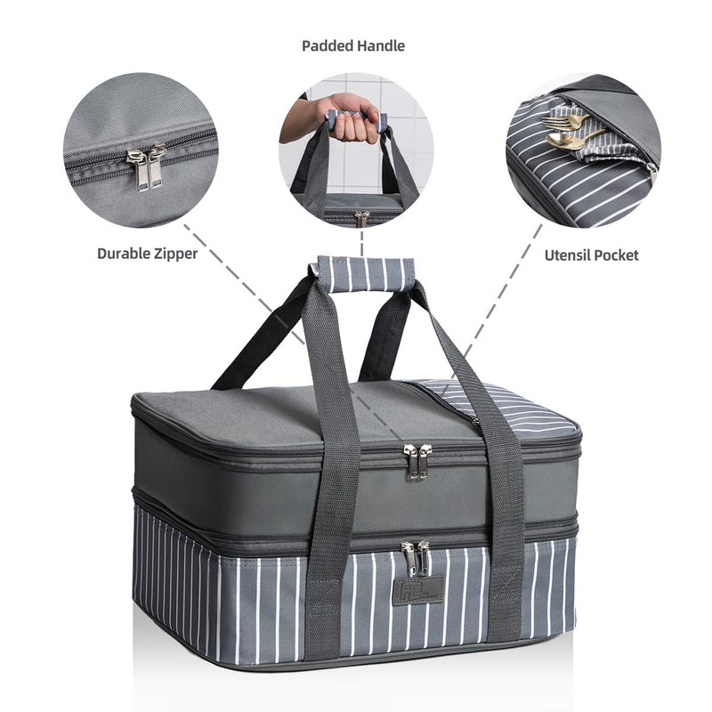 FE FUN ELEMENTS Casserole Carrier, Expandable Insulated Casserole Carriers for Hot or Cold Food, Lasagna Lugger for Parties, Fits 9" x 13" Baking Dish, Grey Double