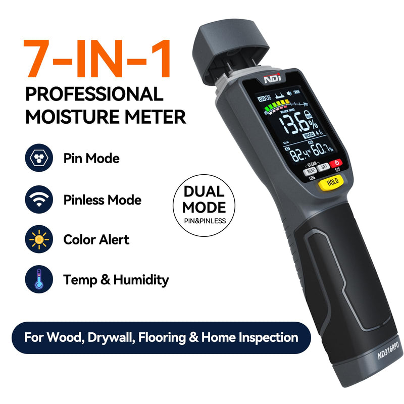NDI ND316PRO Dual-Mode Moisture Meter – Pin & Pinless Non-Destructive, Wood & Building Materials, Temperature & Humidity Display, Data Log, Backlit LCD