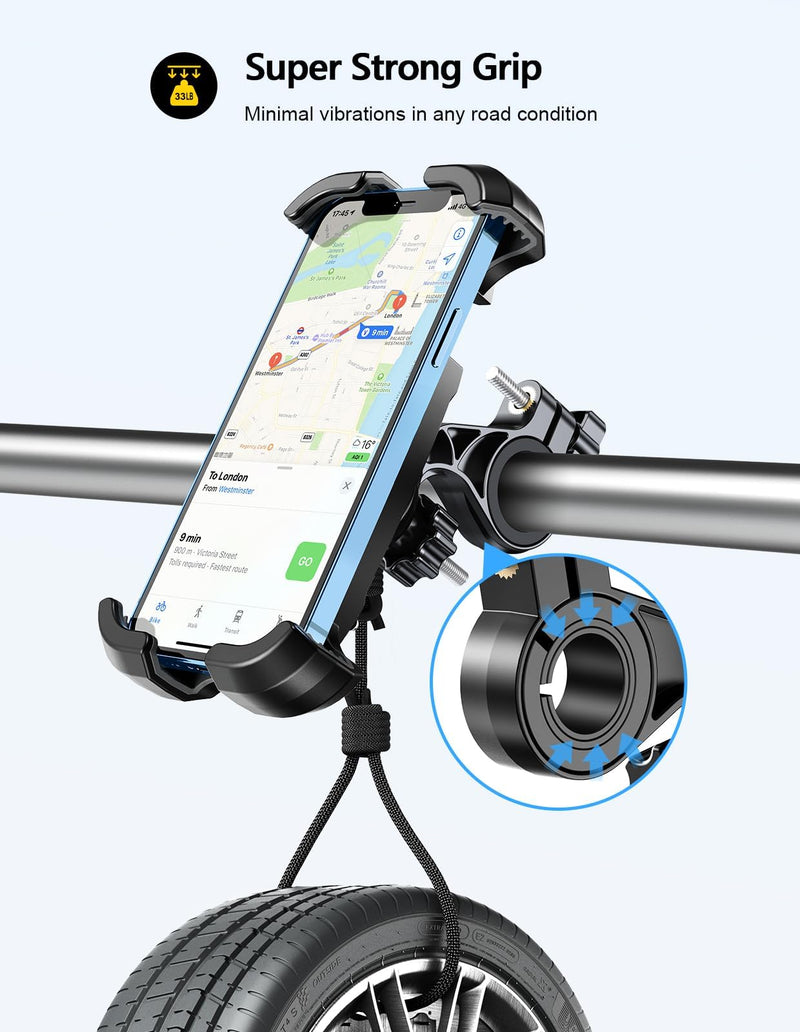 Motorcycle Phone Mount, Upgrade [Never Fall Off] [0 Shake] Bike Phone Mount, [3s Put & Take] 360° Rotatable Phone Holder for Motorcycle Bike Bicycle Scooter Compatible with Cellphones 4.7-6.8”