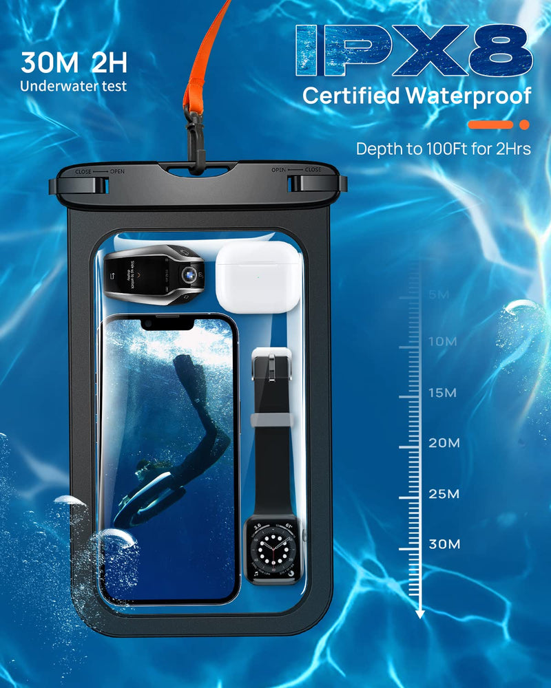 Lanhiem 10.5" Large Waterproof Phone Pouch, 2 Pack Universal IPX8 Waterproof Dry Bag with Lanyard for iPhone 15 14 13 Pro Max, Samsung Galaxy S24 S23 S22 Ultra, S23 FE, Pixel 8 Pro, Black+Black