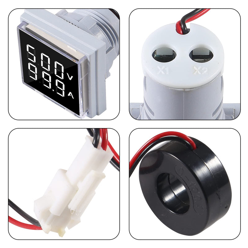 AITRIP 2Pack LED Display Voltmeter, Square Dual Display Voltmeter and Ammeter LED Digital Voltage Gauge AC 60-500V 0-100A Current Meter Indicator White