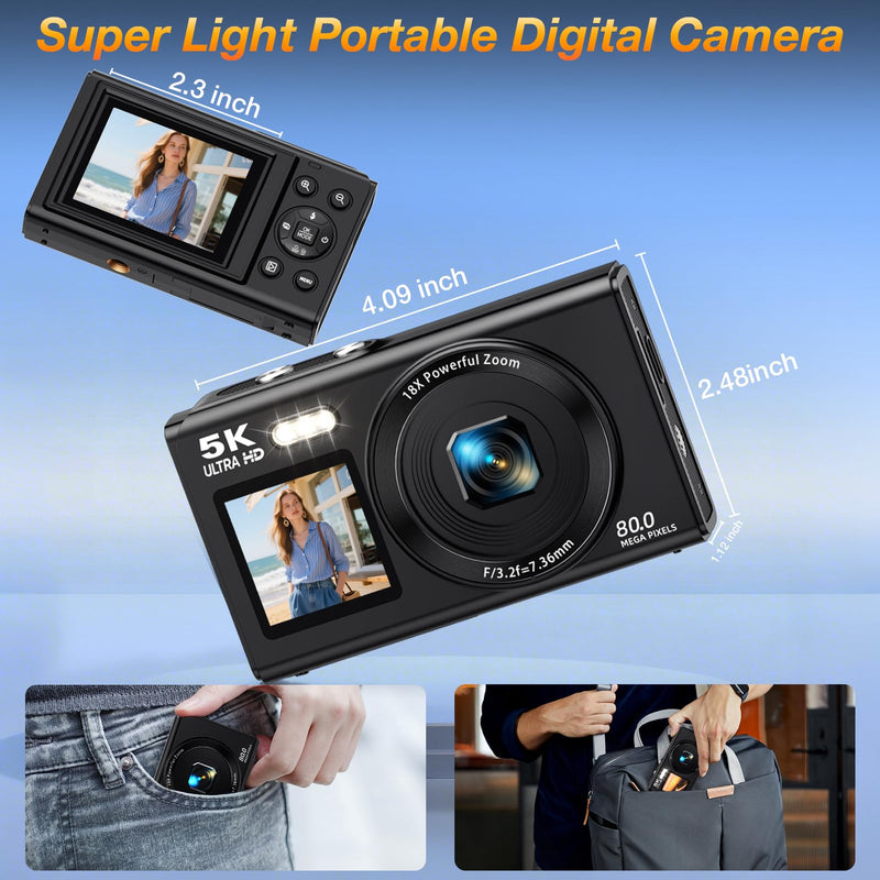 Dual Screen 5K Digital Camera for Vlogging, 80MP WiFi Camera with Front Display, 18X Zoom, Fill Light, Includes 64GB Card & 2 Batteries S150PRO