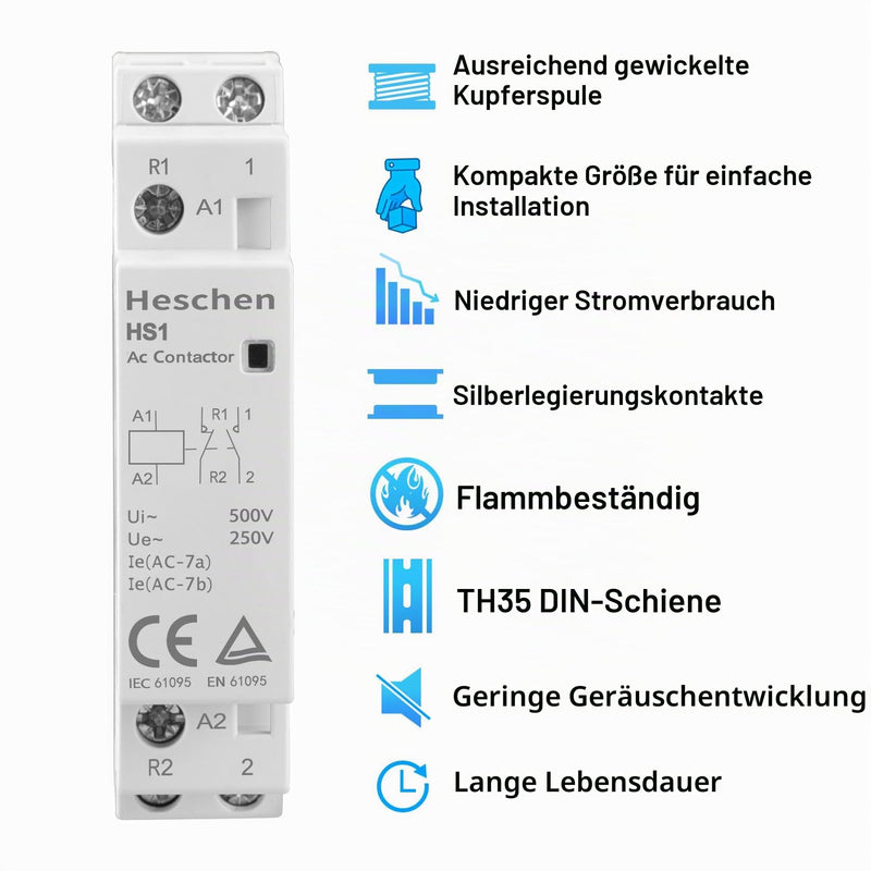 Heschen Household AC Contactor, HS1-20, Ie 20A, 2-Pin 1NO 1NC, 220/240V Coil Voltage, 35mm DIN Rail Mounting 230VAC 1NO 1NC 2P