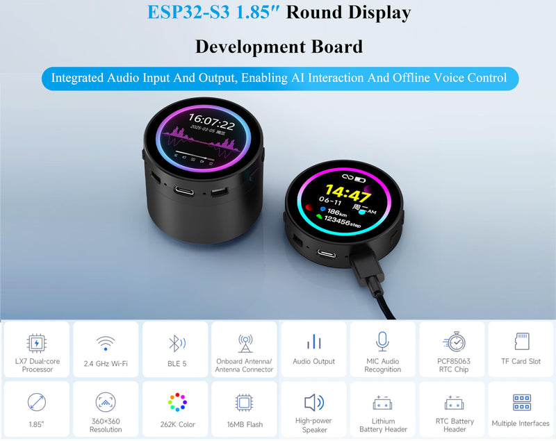 ESP32-S3 with 1.85inch Touch Round LCD Development Board, 360x360, Supports Wi-Fi & BLE 5, AI Speech, Smart Speaker Box,Supports AI Speech Interaction and Offline Voice Control, with 8Ω 2W Speaker