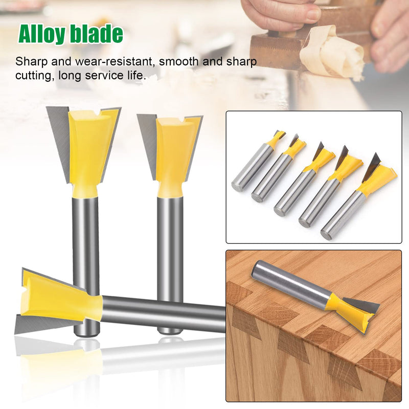 Pack of 5 dovetail face milling cutters 8 mm shank, dovetail milling cutter set, 1/4" 1/2" 3/8" 5/8" 3/4" milling cutter for router 8 mm shank, milling head for router, face milling cutter for wood (5)