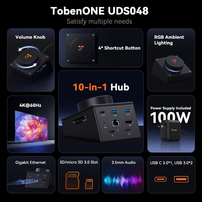 TobenONE 10-in-1 Shortcut-Key Docking Station with 4 Shortcut Button and Volume Knob, USB C Dock with 4K@60Hz HDMI, 100W PD, 3 USB, Ethernet, Audio, SD/microSD for MacBook, Windows, Chrome, Mac mini 10 in 1 Ultra