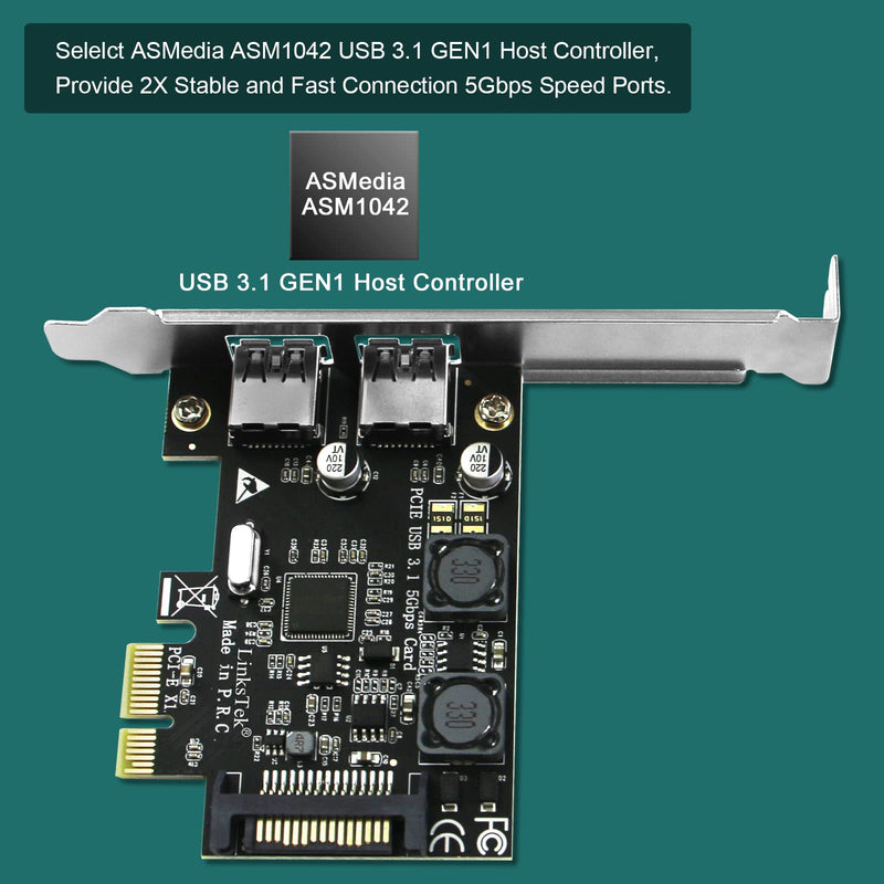 2-Ports PCIE USB 3.0 (USB 3.1 GEN1) 5Gbps Expansion Card for Desktop PCs, 2X 5Gbps USB-A Ports, Built in Smart Power Distribution Technology, No Need Extra Power Supply (PCIE-U302A) PCIE-U302A