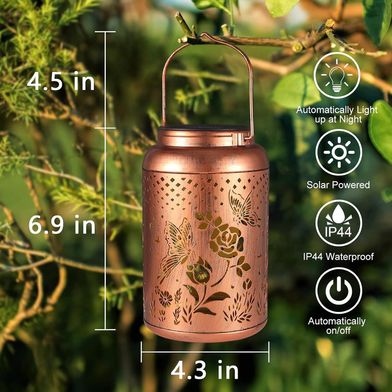 2 Pack Solar Lanterns Outdoor Waterproof, Butterfly Rose Garden Decor Birthday Gifts for Women Mom Grandma Hanging Solar Lights Metal Solar Decoration Outside for Yard, Patio, Lawn 2