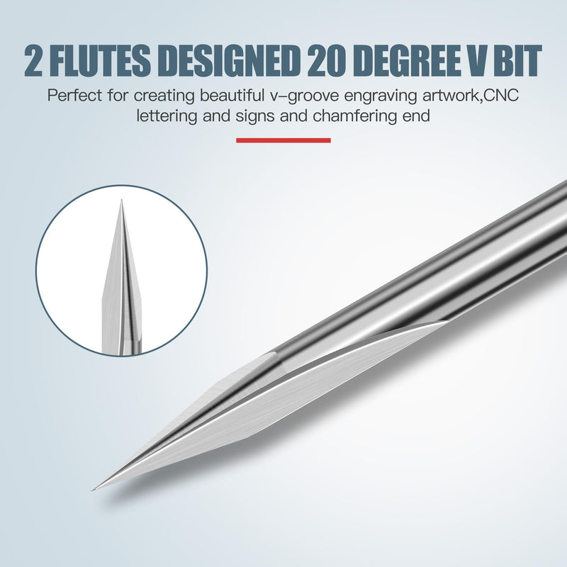 HUHAO V Groove CNC Wood Engraving Bit, 1/8 Shank, 20 Degree 0.1mm Carbide Tip Engraving Bits,2 Flute Straight & V-Bit Woodworking Carving Bit Tool for Plywood, MDF Lettering Sign Making ø3.175*20°*0.1mm 5pcs