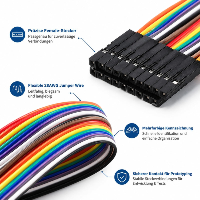 Dupont Jumper Cable Set 160pcs 10-40cm Female to Female | 160 multicolored jumper cables in 10/20/30/40 cm lengths; for breadboards and projects with Arduino, Raspberry Pi, and electronics. BB