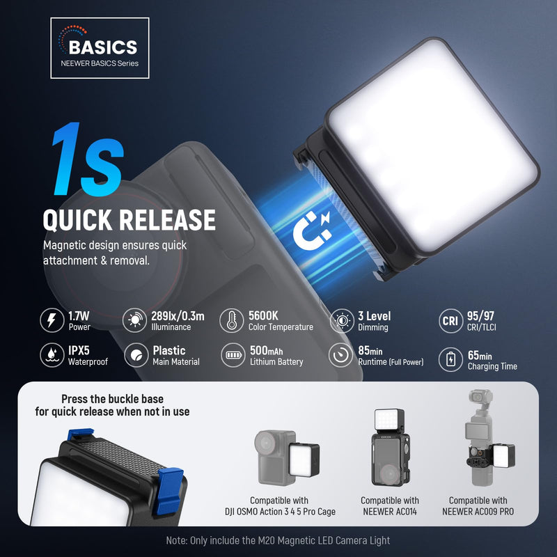 NEEWER Basics M20 Magnetic LED Camera Light Compatible with DJI OSMO Nano Action 3 4 5 Pro Cage NEEWER AC009 PRO Pocket 3 Accessories Expansion Adapter, Plastic Mini Fill Light Attachment 5600K CRI95+