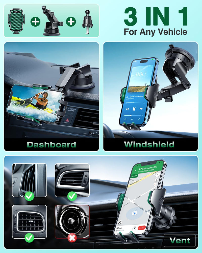VANMASS [True Military-Grade] Car Phone Holder [Strongest Suction & Clip] Cell Phone Mount for Dashboard Windshield Vent Truck Accessories Cradle Dash Stand for iPhone 15 14 13 12 Android,Green Green