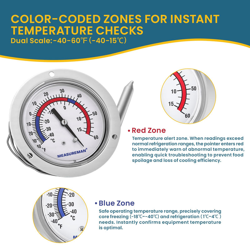 MEASUREMAN Vapor Capillary Flanged Panel Mount Refrigeration Thermometer, 2.5" Dial, 48" Capillary, -40-60 deg F/-40-15 deg C, Re-Calibration Available -40-60 deg F/-40-15 deg C (2.5" Dial)