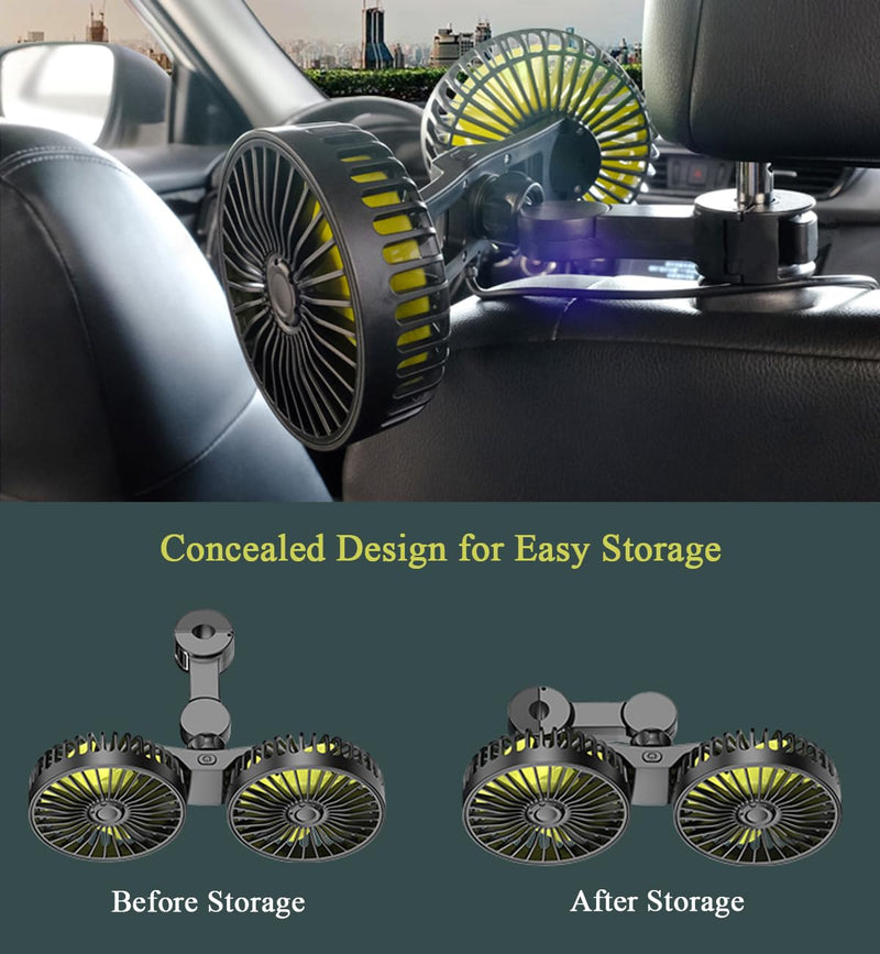 Car Fan, Dual Head USB Car Fans for backseat for kids, 3-Speed Air Speed and 360° Rotating Rear Seat Cooling Carseat Fan 5V Powerful Air Circulation Fan for Sedan SUV RV Truck