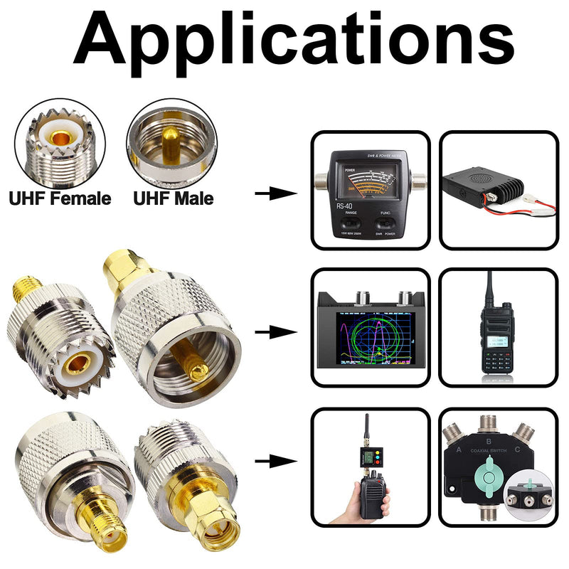 onelinkmore 4pcs RF Connector Adapter Kit, SMA to UHF PL259 SO239 Test Converter Pack of 4, Gold Finish