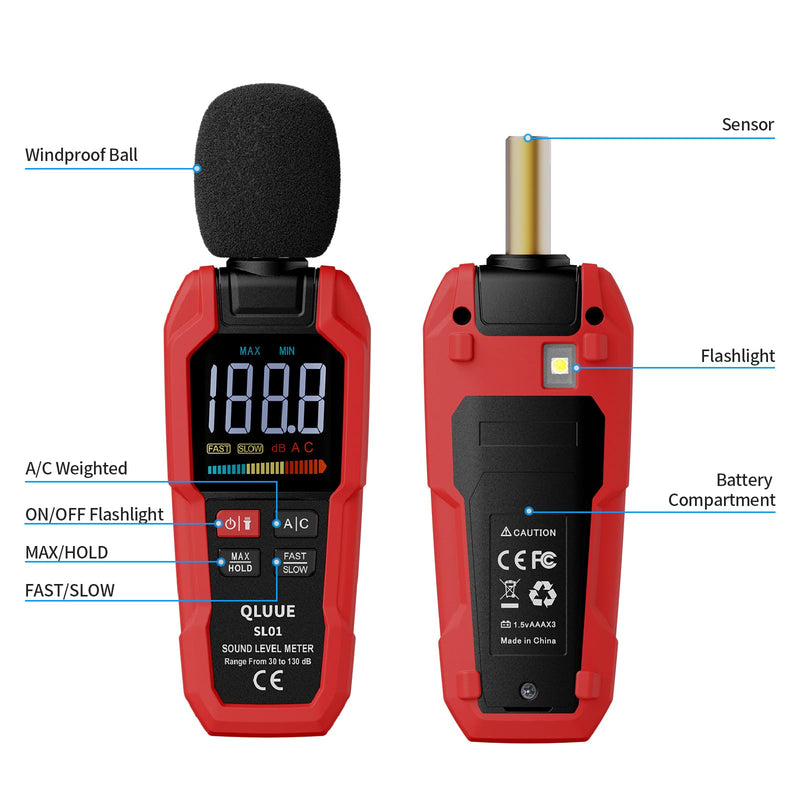 QLUUE Sound Level Meter Digital Portable Decibel Meter 30dB to 130dB A/C Weighted LCD Display Can be used at home, factory and street