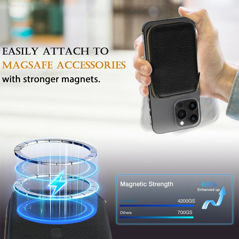 LOHASIC Magnetic Wallet, Compatible with MagSafe, Safe RFID Blocking, Stretchy Holder up to 10 Cards, Lychee Grain PU Leather Zipper Pocket, Mag Stick on Phone, for iPhone 15/14/13/12 Series - Black Black-Lychee Grain