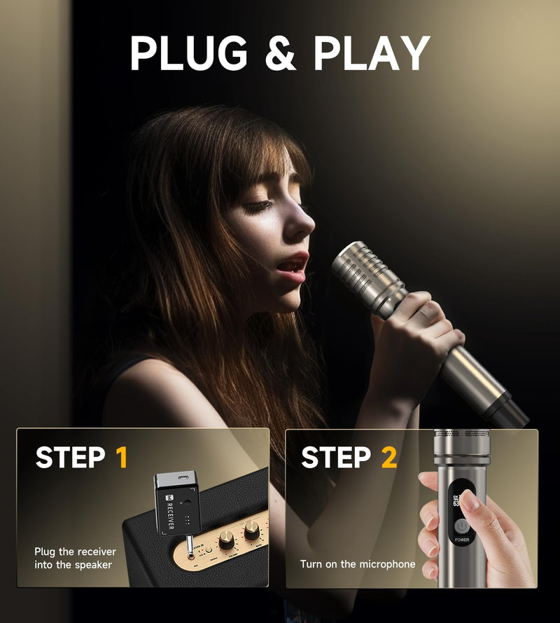 Wireless Microphones, Microphone with One-to-One Chip Connection and Rechargeable Receiver, 40H Duration, 200FT Range Receiving, Less Latency, Metal construction Microphone for Singing