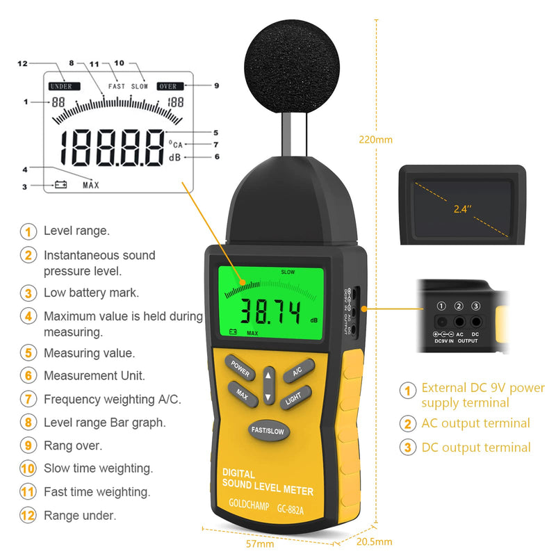 Decibel Meter, Sound Level Meter 882A Portable 30-130dB Noise Meter with 5-Digit LCD Display, DBA/DBC Rating, MAX/MIN, Data Hold, Quick/Slow Selection for Sound Quality Control Gc-882a