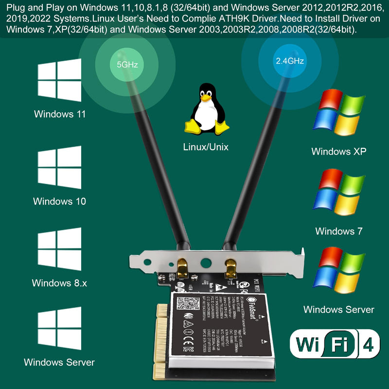 Wireless N Dual Band 600Mbps (2.4GHz 300Mbps or 5GHz 300Mbps) PCI WiFi Adapter for Windows 11, 10, 8.x, 7, XP (32/64bit) and Windows Server Desktop PCs, PCI Interface WiFi Card (PCI-N600)