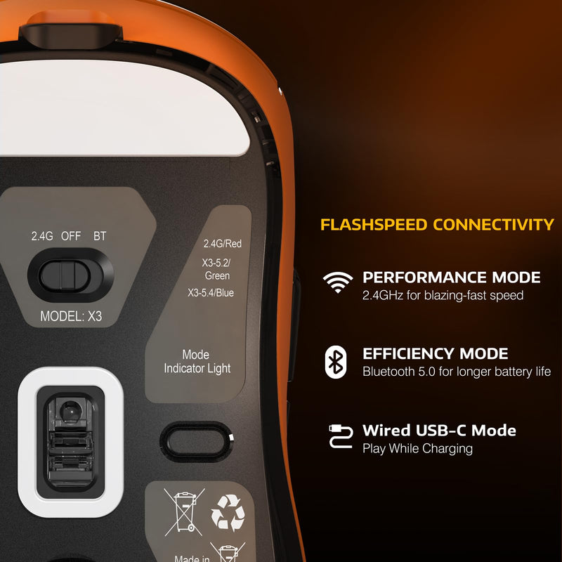 ATTACK SHARK X3 Wireless Gaming Mouse, 49g Ergonomic Computer Mouse, Triple Modes PAW3395 26K DPI Optical Sensor, 200h Battery Life, Programmable Buttons, Gaming Accessories for PC/Laptop/Mac(Orange) Orange