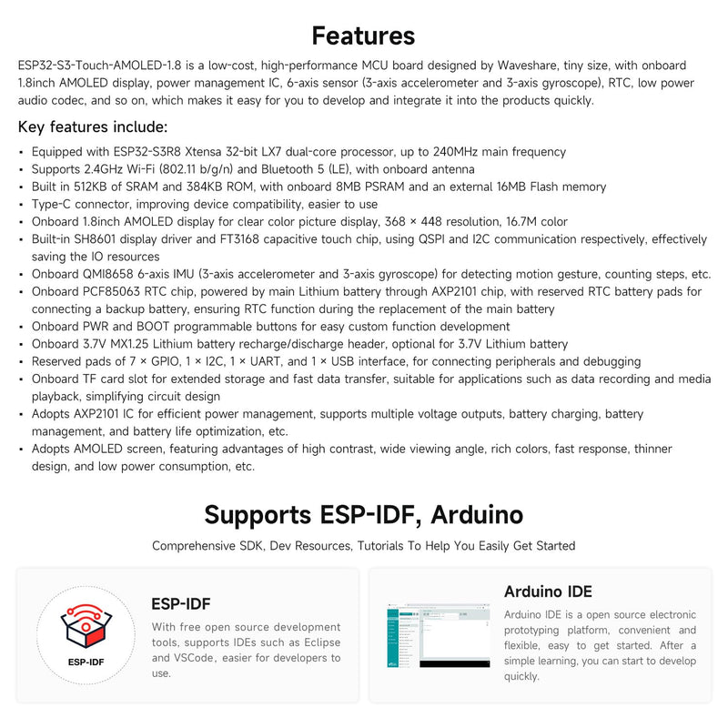 Waveshare ESP32-S3 1.8inch AMOLED Touch Display, Embedded with SH8601 Display Driver and FT3168 Capacitive Touch Chip, ESP32 with Display,32-bit LX7 Dual-core, 368×448 Pixels, Without Lithium Battery
