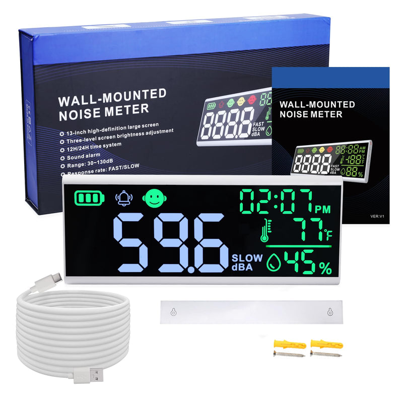 Decibel Meter 13 Inch Wall and Table Sound Level Meter Large LED Device for Displaying Decibels, Time, Temperature and Humidity with Buzzer & Symbol Alarm for Classroom and Studio