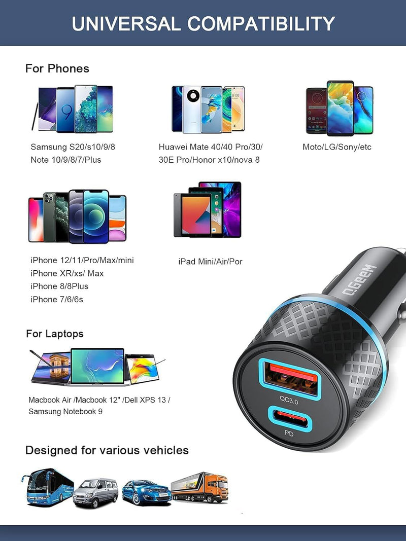 QGeeM USB C Car Charger Adapter, 2Pack 91W Fast Charging Cigarette Lighter Charger with PD3.0, USB Type-C Phone Charger Compatible for iPhone 15 14 13 Pro MAX,iPad Pro,Galaxy S24 S23 S22 and more.