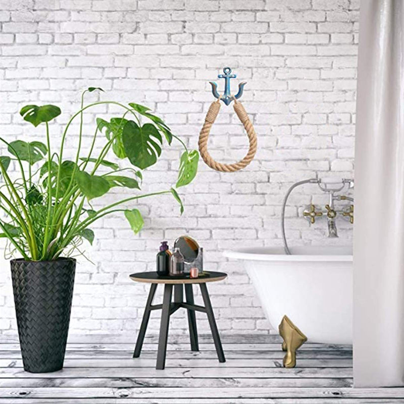 2 Pcs Nautical Rope Toilet Paper Holder Wall-Mounted Towel Ring Nautical Toilet Paper Holder with Metal Hooks Coastal Towel Rack Natural Antique Rope （Blue+Blue） Blue+blue