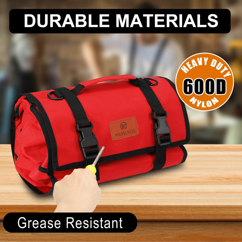 Canvas Tool Roll Up Bag, Multi-Purpose Wrench Organizer, Hvac Tool Bag with 4 Pockets (Red) 4 Zipper Pockets Red