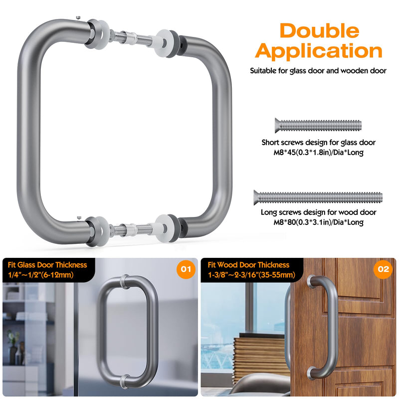 Ranbo Electroplating Grey 8" （CTC） Tubular Back-to-Back Shower Door Handle，Heavy-Duty 1.0mm Thick 304 Stainless Steel, for 1/4"- 1/2" Thick Glass and 1-3/8" - 2-1/6" Thick Wooden or Metal Doors 8 Inch