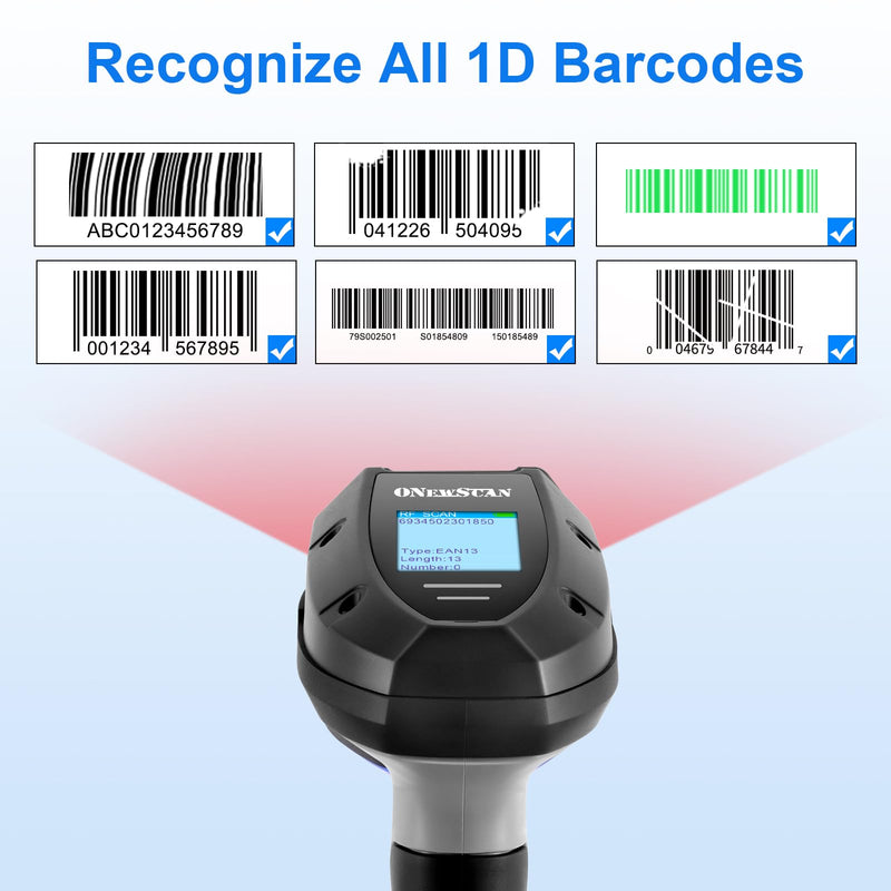 Barcode Scanner Wireless, 1D Laser Bar Code Scanners with Stand 2.4G Wireless & USB Wired Connection Plug and Play 2 in 1 Handheld Barcode Reader with Screen