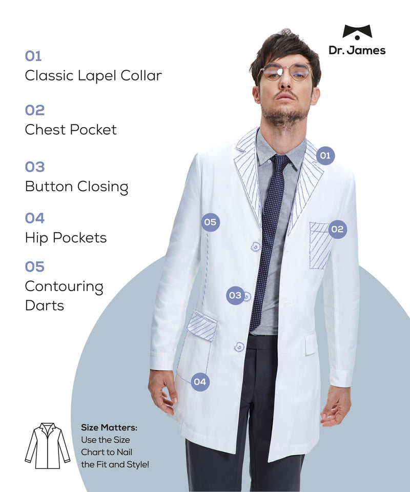 Dr. James Men’s Lab Coat – White Medical Coat, Slim Tailored Fit, Consultation Length 36”, OEKO-TEX® Certified Medium