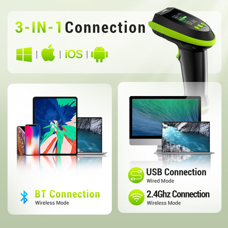 Tera Barcode Scanner Wireless 2D QR with Stand: Digital Setting Screen Keypad Pro Version Extra Fast Scanning Speed Works with Bluetooth 2.4G Wireless USB Wired Bar Code Reader HW0009-Z Green Green with Stand