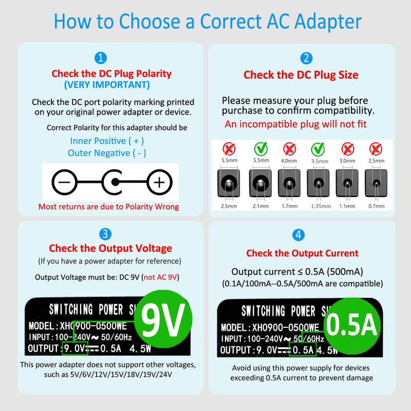 DC 9V 0.5A 500mA Power Supply Adapter, Connector 5.5mm x 2.1mm, Center Positive