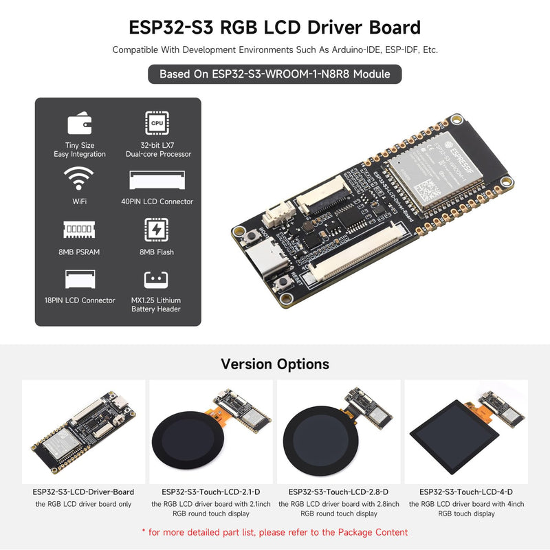 Waveshare ESP32-S3 RGB LCD Driver Board, Equipped with 32-Bit 240MHz LX7 Dual-Core Processor, 8MB PSRAM and Flash, WiFi & Bluetooth Support, Comes with a 2.1inch RGB Round Touch Display