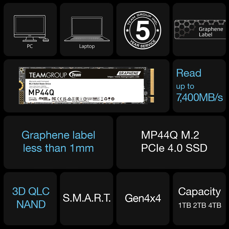 TEAMGROUP MP44Q 1TB SLC Cache Gen 4x4 M.2 2280 PCIe 4.0 with NVMe Laptop & Desktop & NUC & NAS SSD Solid State Drive (R/W Speed up to 7,400/6,200MB/s) TM8FFD001T0C101 Superb