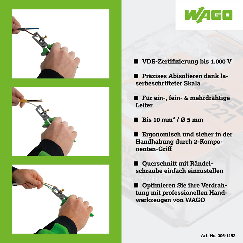WAGO VDE Wire Stripper 206-1152 with Spring, Adjusting Screw and Nut, VDE Approved, 1000 V, 2-Component Handle