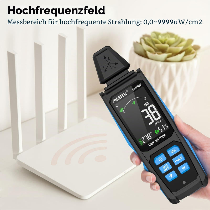 EMF Meter MESTEK 5-in-1 EF/MF/Radio Frequency EMF Meter, Electromagnetic Fields High Frequency Field Radiation Meter with Digital LCD Rechargeable for Home, Office and Outdoor Use black and blue