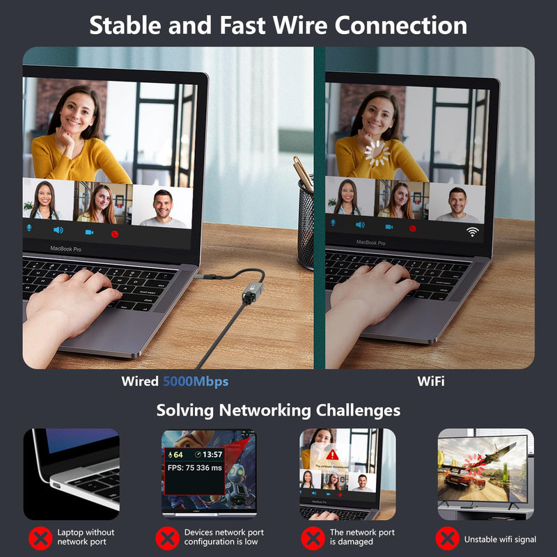 USB to Ethernet Adapter 5Gbps, Aluminum Driver Free USB-C to RJ45 5000Mbps Gigabit Ethernet LAN Network Adapter for iPhone 17/16,iPad,Galaxy,Switch,Laptop,PC, MacBook,Windows,MacOS,Linux 5Gbps USB-C/USB 3.0 to Ethernet Adapter