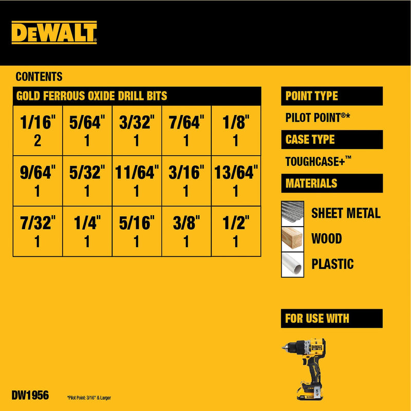 DEWALT - DEW-DW1956 Drill Bit Set with Pilot Point, 16-Piece (DW1956) One Size