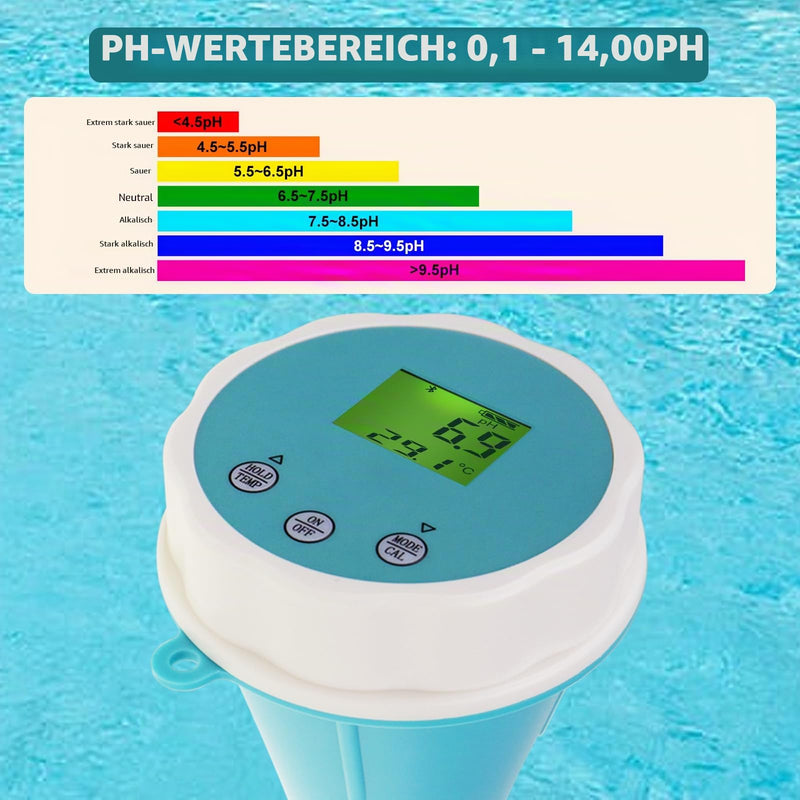 6-in-1 Digital Floating Water Monitor with Bluetooth | Real Time PH, EC, ORP, Chlorine, Salinity and Temperature Tests | 1000 Data Sets, Waterproof IP67, 24-Hour Monitoring