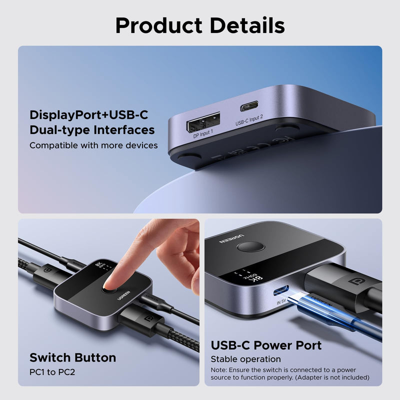 UGREEN 8K@60Hz DisplayPort+USB C Switch 2 in 1 Out DP 1.4 Out Ultra HD Supports 4K@240Hz 3D HDR10+ HDCP2.3 USB-C+DisplayPort Switcher Compatible with Laptops, Computers, Desktop, Steam Deck