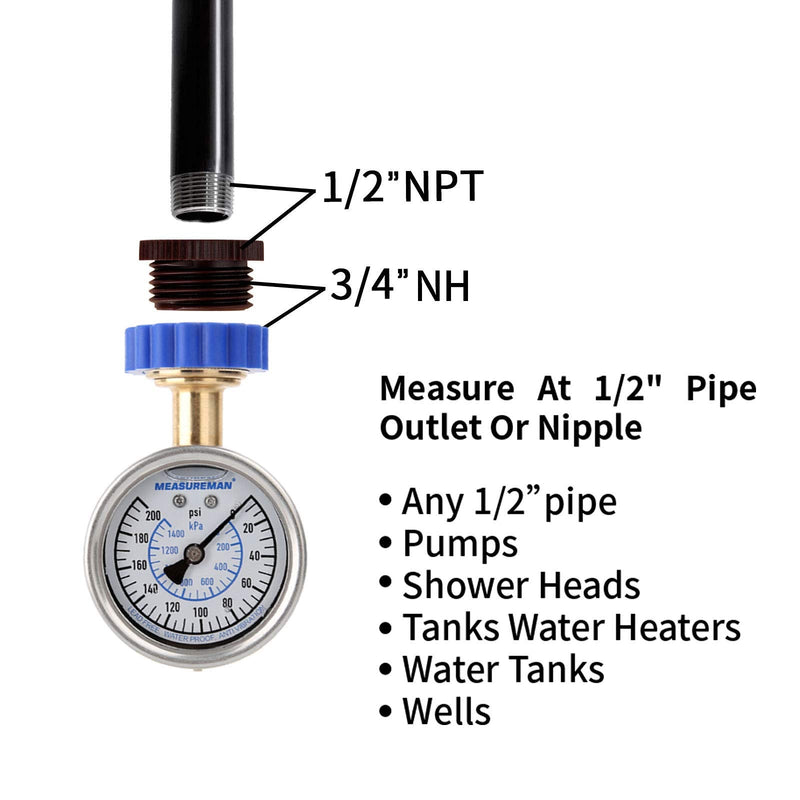 MEASUREMAN 2-1/2" Water Pressure Gauge Kit 6 Parts Kit, Lead-Free Brass, 2-1/2" dial, 0-200 Psi，Glycerin Filled,3/4" Hose Thread, Plus 5 Adapters Integral Stainless Steel Case(7in1)