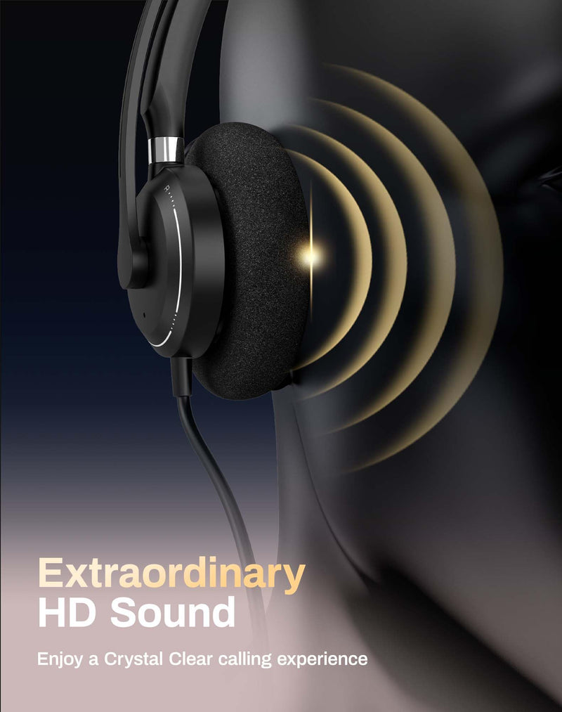 R06S Mono Wired USB Headsets for PC with Noise-Cancelling Microphone, Call Answer Button for MS Teams & IP Phones, Lightweight Design & Memory Foam Cushions for All-Day Comfort (Black) Black