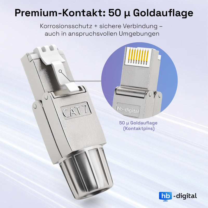 HB-DIGITAL 4x CAT 7 RJ45 Connector Network Connector | for rigid LAN cables, Ethernet installation cables, tool-free LSA, 10 Gbit/s, AWG 22-24 fully shielded STP, 50μ gold-plated contacts, 4 pcs. CAT. 7 US