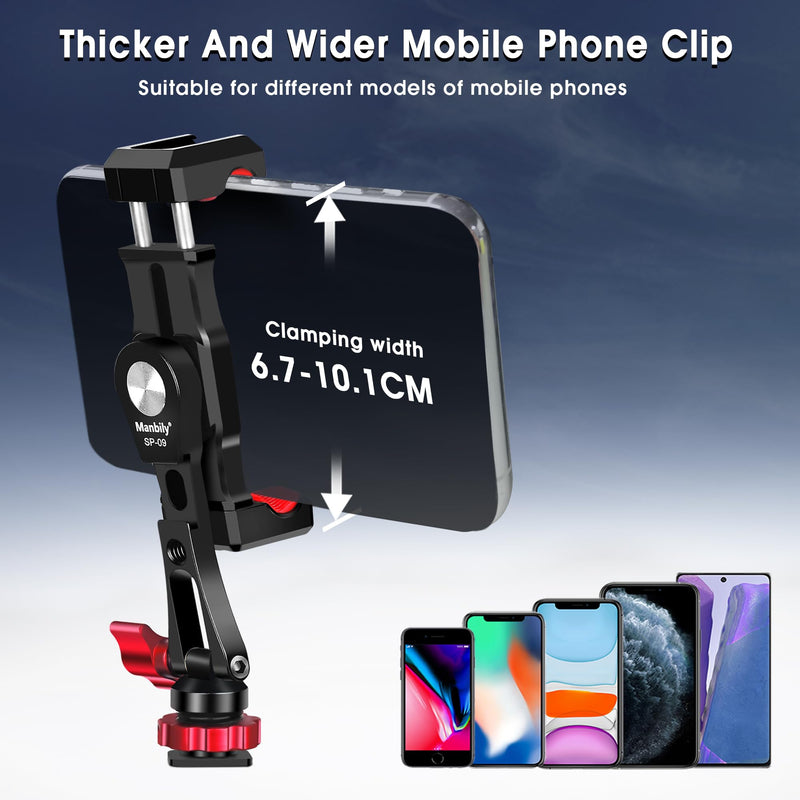 Manbily Phone Tripod Mount, Metal Smartphone Mount Adapter Camera Hot Shoe Mount, 360° Swivel 180° Flip Adjustable Phone Holder for Microphone LED Light（SP-09