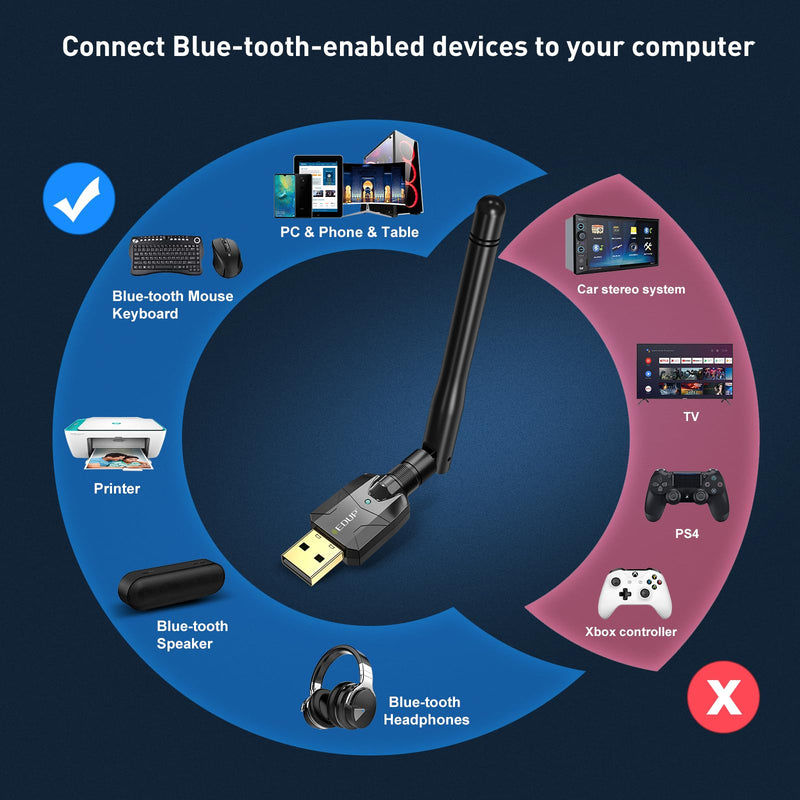 EDUP USB Bluetooth Adapter Bluetooth 5.4 Dongle for PC, Plug and Play, Free Driver, Long Range 328ft/100M, Only Compatible with Windows 11/10/ 8.1 for Desktop PC Laptop