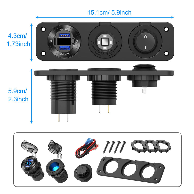 12V USB Outlet Boat Accessories Marine Switch Panel Plug, PD3.0 and Dual QC3.0 USB Ports Aluminum Car Charger with Voltmeter, Lighted 150W Cigarette Lighter Socket and Toggle Switch 3 in 1 DIY Kit